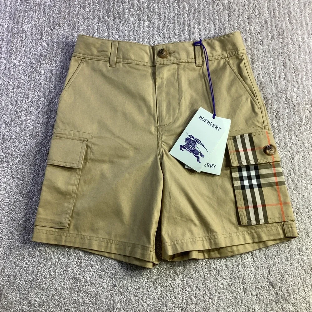 Burberry Kids Sand Oscar Cargo Shorts Vintage Check Pocket Organic Cotton 8Y NWT